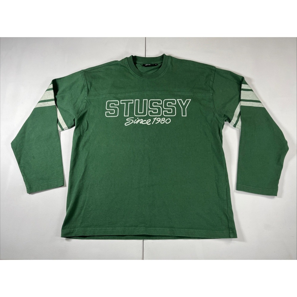 Stussy Football Crew Crewneck Longsleeve Pullover Streetwear Logo Green Size M